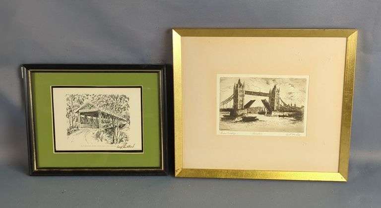 Harry Lindstrand 'Old Covered Bridge Near Bluffton, Indiana' Print, Signed, And Cecil Forbes 'Tower Bridge London' Artist Proof, Signed, Both Framed And Matted Under Glass, 8" X 10" And 10.5" X 12"