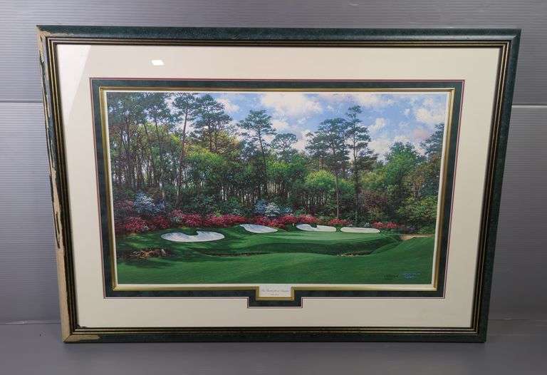 Larry Dyke (American, 1942-2023) 'The Thirteenth At Augusta', Limited Edition Print Of Painting, Signed And Numbered 1013/4800, Framed And Matted Under Glass, 28.25" X 40", Has Some Water Damage