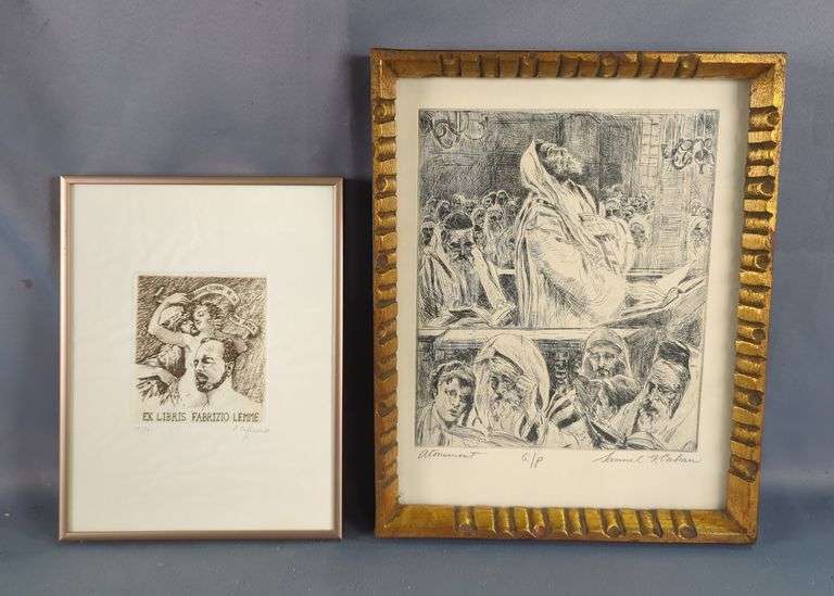 Samuel G Cahan (1886-1974), 'Atonement', Artist Proof Of Pen And Ink, Signed, And A. Cappucio (Italian, 1944- ) 'Ex Libris Fabrizio Lemme' Line Drawing Imprint, Signed And Numbered 18/50, Both Framed Under Glass, 15" X 12" And 11.5" X 8.75