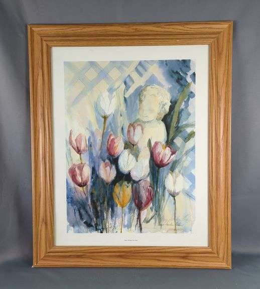Gaye Sanders Fisher (1933-2024) 'Tiptoe Through The Tulips', Print Of Watercolor, Signed And Numbered 351/600, Framed Under Glass, 33.5" X 27.5"