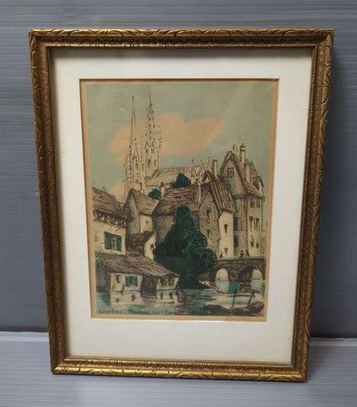 Francis Barday (French, 20th Century) 'Chartres - Maisons sur l'Eure' Print, Framed And Matted, 11.25" x 8.75"