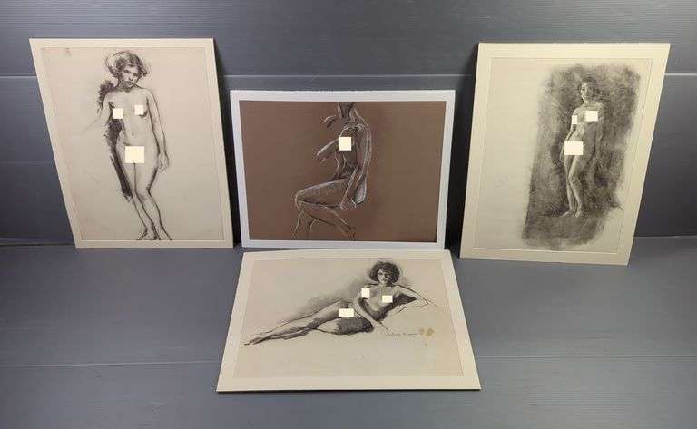 Sketches Of Women On Paper, Believed To Be Original Sketches, Total Qty 4, All Come With Matting, All Approx 20" X 26", One Sketch Has Stain On The Paper, Mature Audience See Additional Photos