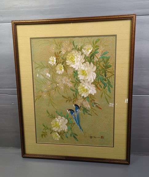 CHAN, 'Birds & Flowers', Oil on Cork Paper, Signed And Framed With COA, 30" x 24.25"