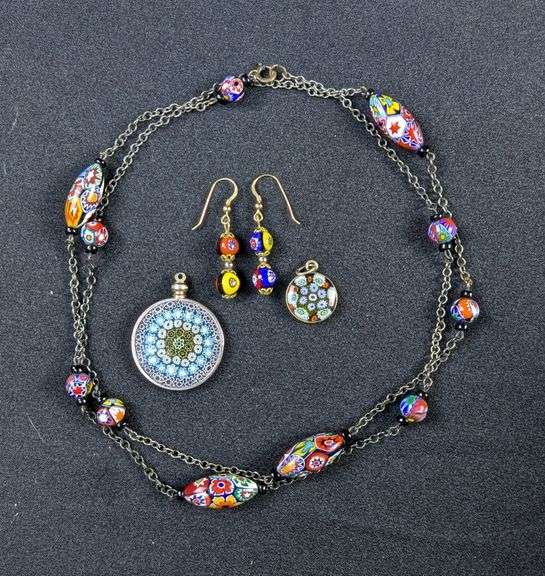 Millefiori Style Bead Necklace, Earrings, and Pendants Set
