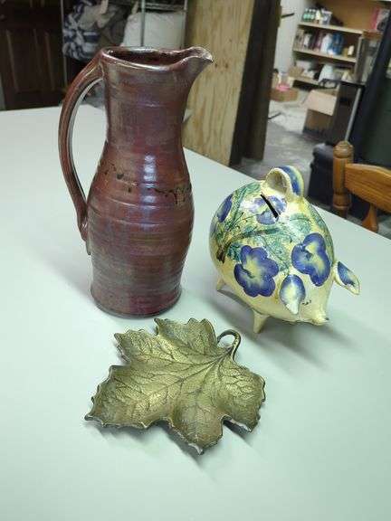 Pottery Pitcher, Handpainted Piggy Bank, and Brass Maple Leaf Tray Set