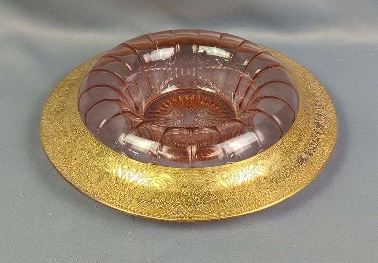 Pink Depression Crystal Console Bowl With Gold Tone Edging, Approx 13"D