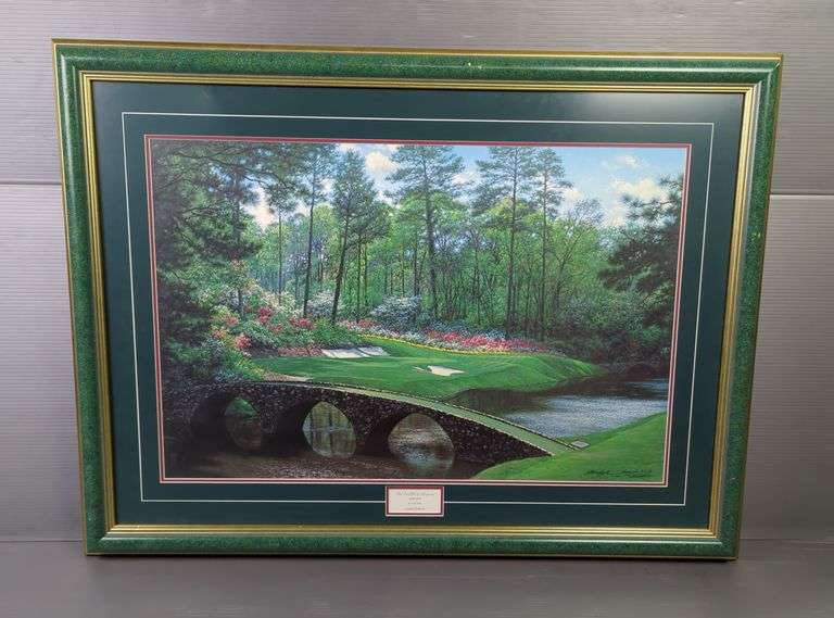 Larry Dyke (American, 1942-2023) 'The Twelfth At Augusta', Limited Edition Print Of Painting, Signed And Numbered 71/1000, Framed And Matted Under Glass, 29.5" X 39.25", Has Some Water Damage