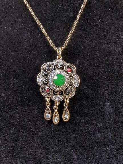 Gold Tone Necklace and Earring Set with Green and White Accents