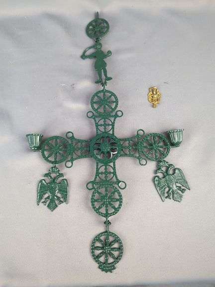 Decorative Metal Cross And Small Brass Figurine