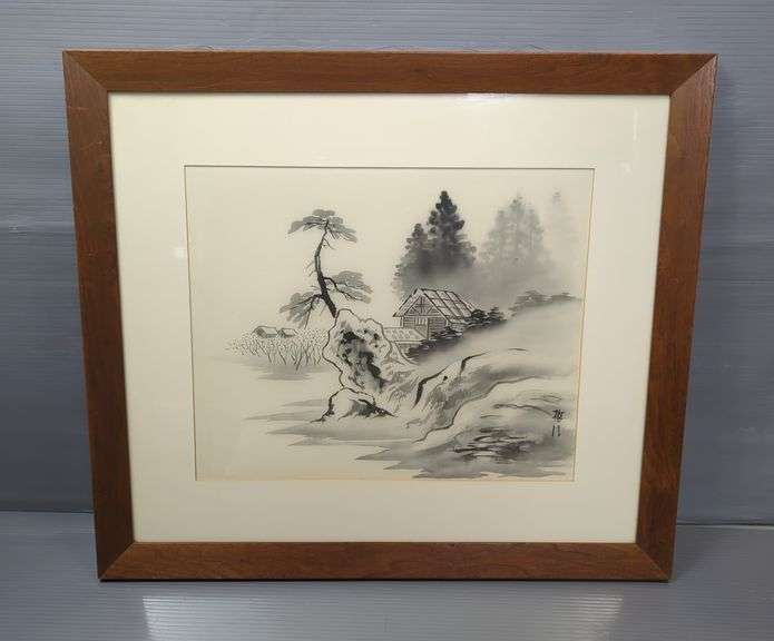 Asian Style Landscape Print, Framed And Matted, 21.75" x 24.75"