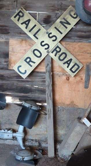 Vintage Railroad Crossing Sign On Wood Post