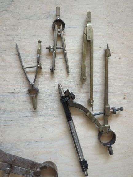 Machinist Tools Including Dividers, Calipers, Squares, Vise