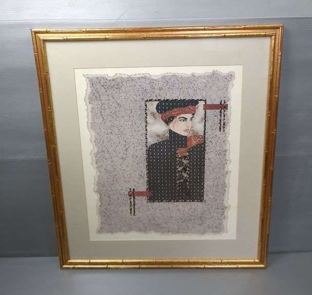 Dawn Marie (American 1956-  ) 'Portrait Of An Oriental Woman' Print Of Collage, Matted And Framed, 29" x 26"