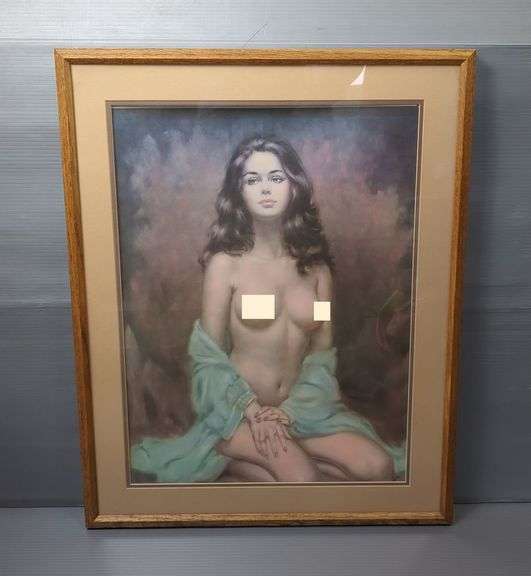 Larry Vincent Garrison (American 1923-2007) Nude Woman Print Of Oil Painting, Framed With Double Matted, 29.75" x 23.25", Needs Repair, Mature Audience See Additional Photos