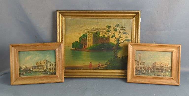 Original Paintings Of Venice Italy On Board, Qty 2, Framed, And Original Oil On Canvas Of Building On Island, Framed, 7.5" X 9.25" And 13" X 16"