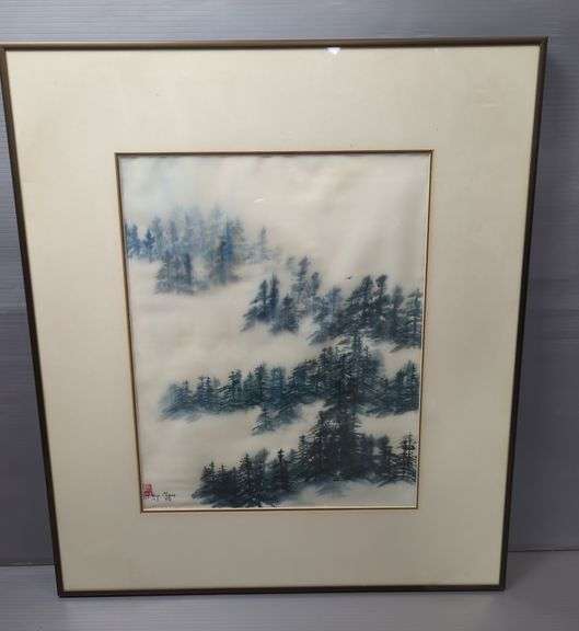 Hsing-Hua Chang (Kansas City-20th Century) "Pines" Original Watercolor on Silk Painting, Signed, Framed And Matted, 25.75" x 22.25"