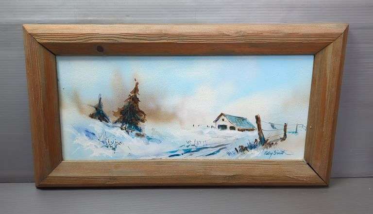Patsy Smith (American 1939-  ) Winter Farm Scene Painting On Board, Framed, 14" x 25.5"