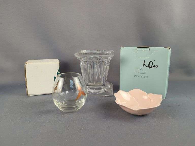 Partylite Crystal Candleholder, Floral Bowl, Decorated Glass