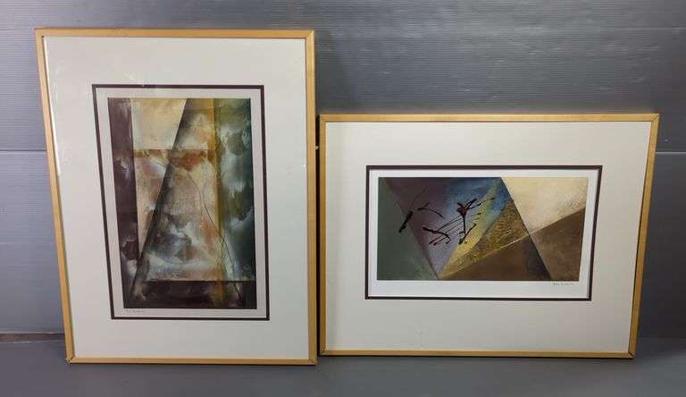 Kati Roberts Mixed Media Monotypes On Artist Board, Qty 2, Framed And Double Matted, One With Glass, Both 26.5" X 35"