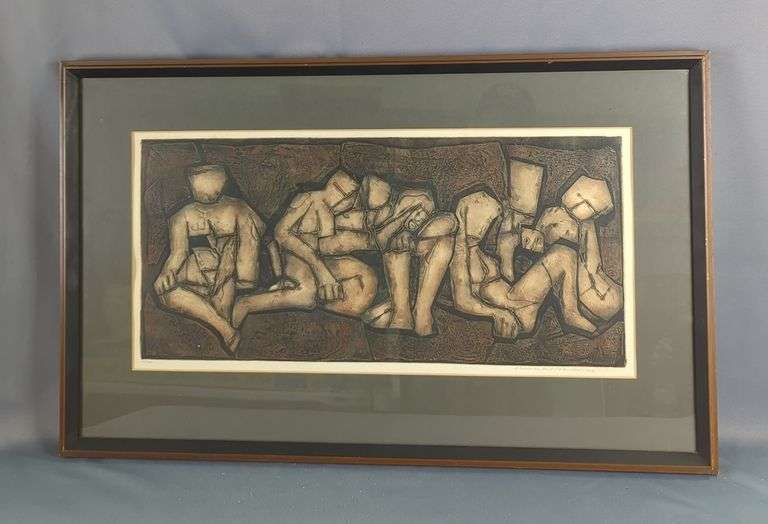 Joseph Demarais (American, 1927-1971) Untitled Seated Figures, Embossed Print Of Etching, Signed And Numbered 57/100, Framed And Matted Under Glass, 20" X 32.75