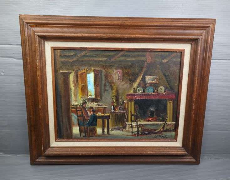 B. Mouler, Mother And Child In Kitchen, Oil On Canvas Painting, Signed, Framed, 19" x 23"