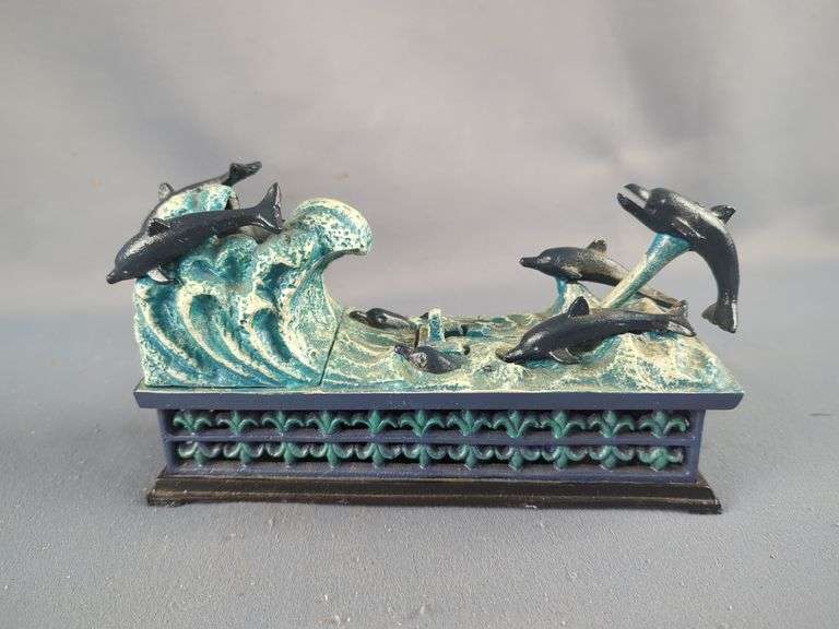 PuzzleMakers International Cast Iron Mechanical Dolphins Bank