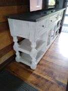 Distressed Farmhouse 3-Drawer Media Console Table With Glass Doors and Shelving