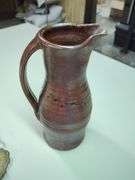 Pottery Pitcher, Handpainted Piggy Bank, and Brass Maple Leaf Tray Set