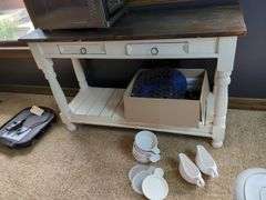 Antique Farm House Distressed Console Table with Drawers and Lower Slat Shelf