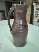 Pottery Pitcher, Handpainted Piggy Bank, and Brass Maple Leaf Tray Set