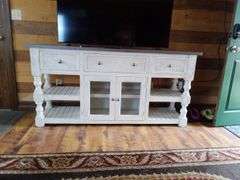 Distressed Farmhouse 3-Drawer Media Console Table With Glass Doors and Shelving