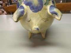 Pottery Pitcher, Handpainted Piggy Bank, and Brass Maple Leaf Tray Set