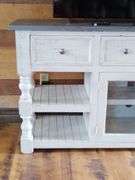 Distressed Farmhouse 3-Drawer Media Console Table With Glass Doors and Shelving