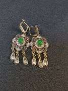 Gold Tone Necklace and Earring Set with Green and White Accents