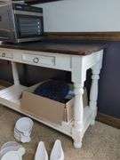 Antique Farm House Distressed Console Table with Drawers and Lower Slat Shelf