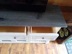 Distressed Farmhouse 3-Drawer Media Console Table With Glass Doors and Shelving