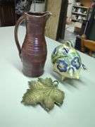 Pottery Pitcher, Handpainted Piggy Bank, and Brass Maple Leaf Tray Set