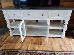 Distressed Farmhouse 3-Drawer Media Console Table With Glass Doors and Shelving