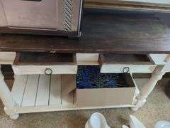 Antique Farm House Distressed Console Table with Drawers and Lower Slat Shelf