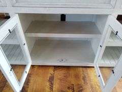 Distressed Farmhouse 3-Drawer Media Console Table With Glass Doors and Shelving