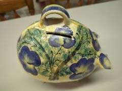 Pottery Pitcher, Handpainted Piggy Bank, and Brass Maple Leaf Tray Set