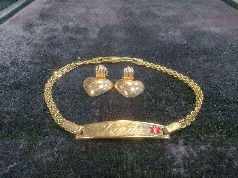 14 Karat Gold Heart Earrings and Medical Bracelet