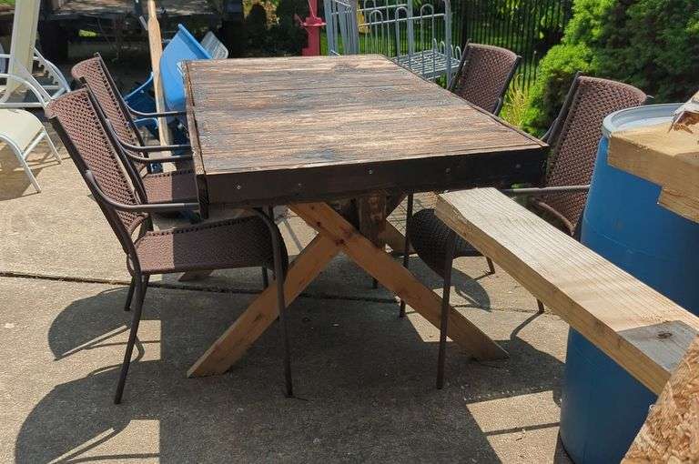 Rustic Custom Built Picnic Table Including Woven Patio Chairs, Qty 4