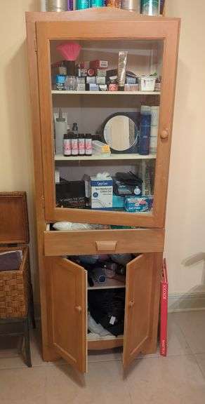Freestanding Wood Storage Cabinet with Glass Door, Contents NOT Included, Friday Pick Up ONLY