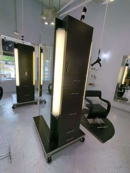 Double Sided Salon Styling Station With Rollout Storage And Power Supply On Casters
