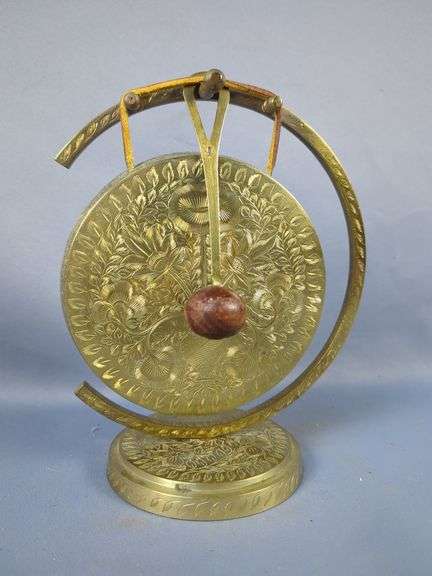 Etched Brass Gong On Stand With Cloisonné Dogs