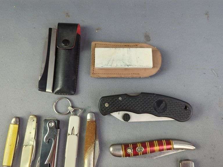 Folding Knife And Pocket Knife Collection, Various Brands And Styles, One Is Branded Barlow, Total Qty 17, And Whetstone