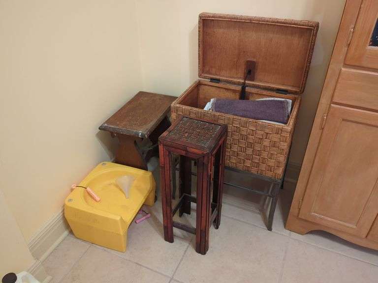 Wicker Storage Chest, Wooden Stools, and Wicker Stool