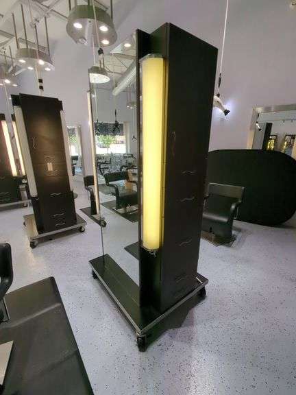 Double Sided Salon Styling Station With Rollout Storage And Power Supply On Casters