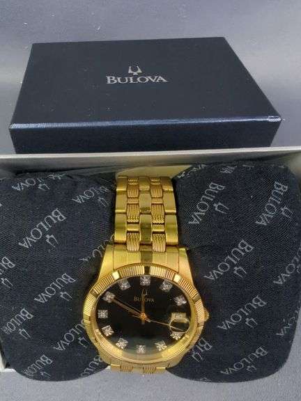 Bulova Gold Toned Stainless Steel Watch With Hour Diamond Accents, In Box With Spare Links And Owner's Guide